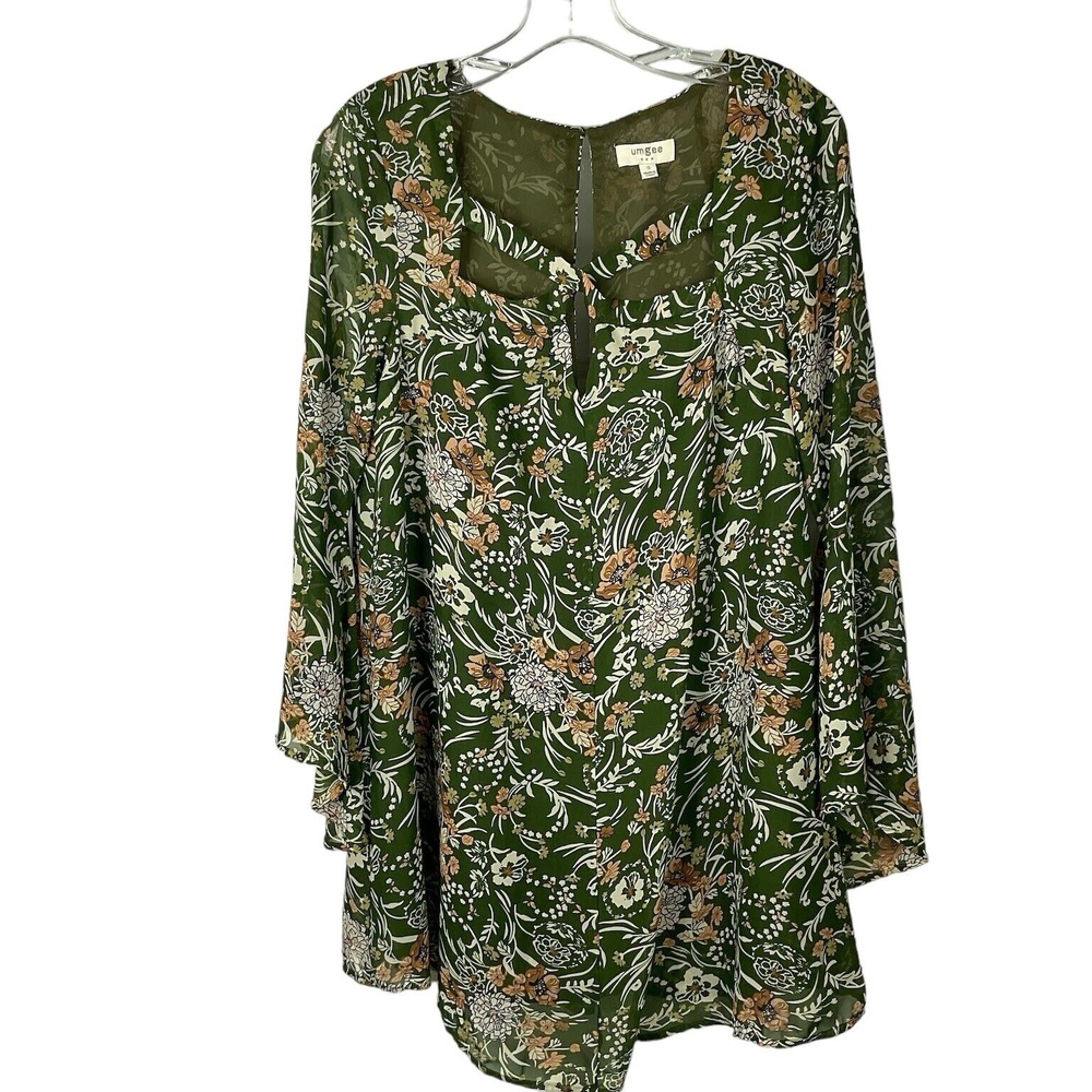 Umgee Cottagecore Dress Womens Small Green Floral Bell Sleeve Chiffon Boho Mini